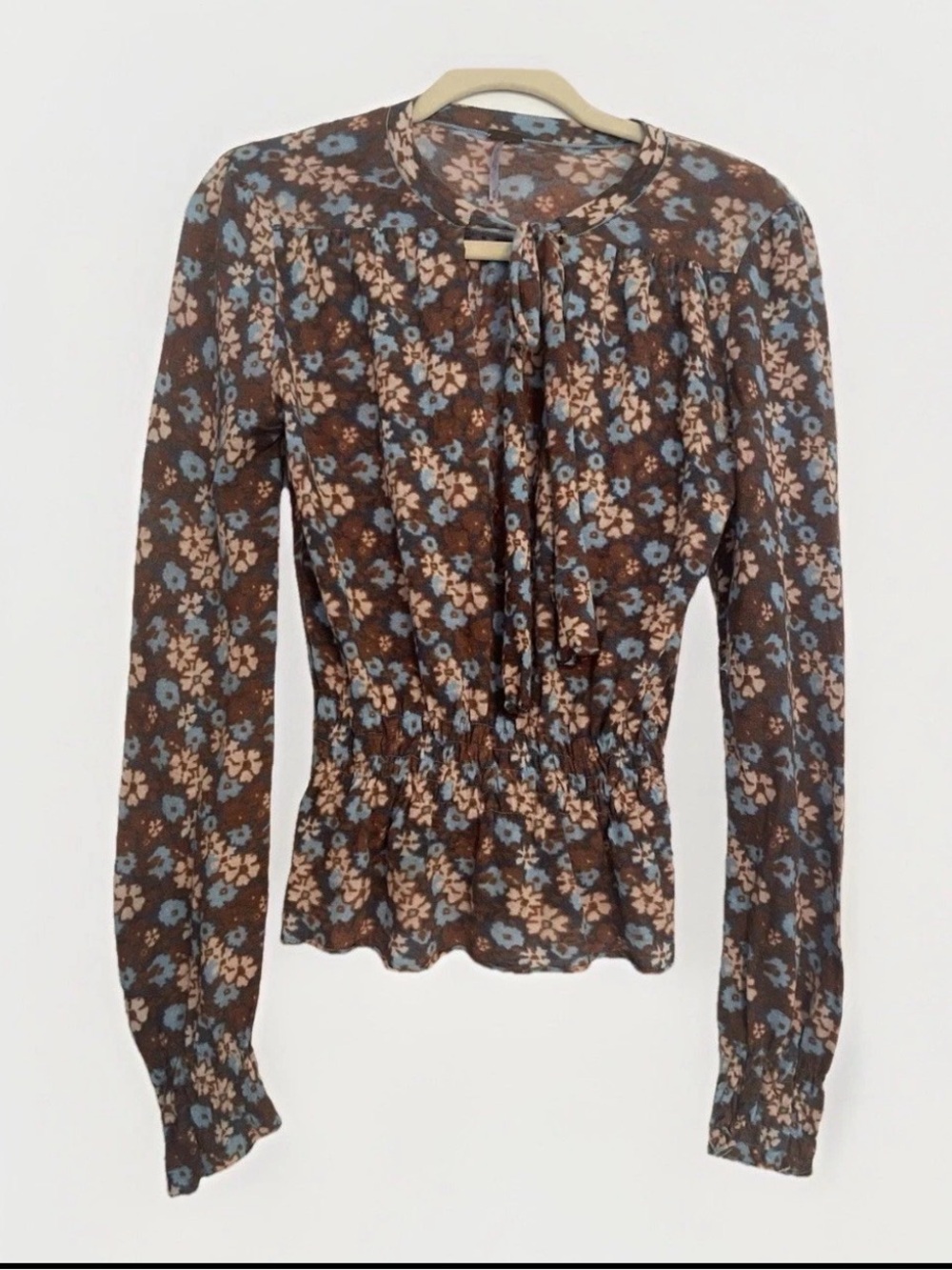 Free People Floral Knit Peplum Blouse Women’s M Brown Blue Long Sleeve Tie V